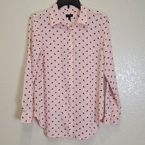 TALBOTS Bird Print Novelty Button Up Long Sleeve Blouse Pink Shirt Small Work